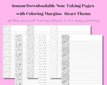 6 Unique Downloadable Heart Note Taking Pages Featuring Coloring Page Margins-Instant download, Putter Pages, Downloadable Note taking paper