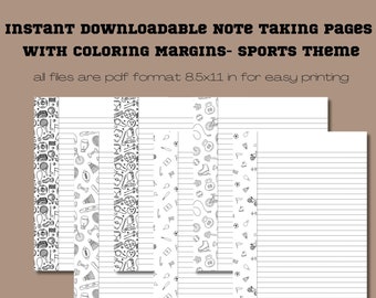 6 Unique Downloadable Sport Note Taking Pages Featuring Coloring Page Margins-Instant download, Putter Pages, Downloadable Note taking paper