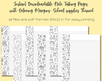 6 Unique Downloadable School Supplies NoteTaking Pages Featuring Coloring Page Margins- Instant download, Downloadable Note taking paper