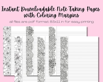 6 Unique Downloadable Note Taking Pages Featuring Coloring Page Margins- Instant download, Putter Pages, Downloadable Note taking paper