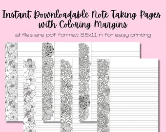 Puede incluir: Cinco páginas imprimibles para tomar notas con bordes decorativos en blanco y negro. Los bordes son diseños intrincados de flores y espirales. Las páginas están rayadas y listas para colorear.
