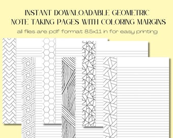 6 Unique Downloadable Note Taking Pages Featuring Coloring Page Margins- Instant download, Putter Pages, Downloadable Note taking paper