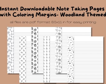 6 Unique Downloadable Woodland Note Taking Pages Featuring Coloring Page Margins- Putter Pages, Downloadable Note taking paper, Mushrooms