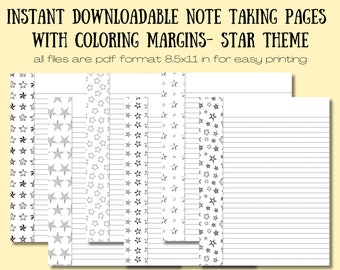 6 Unique Downloadable Stars Note Taking Pages Featuring Coloring Page Margins-Instant download, Putter Pages, Digital Note taking paper