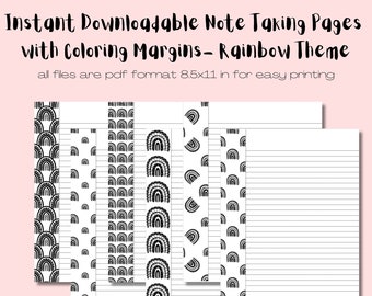 6 Unique Downloadable Rainbow Note Taking Pages Featuring Coloring Page Margins-Instant download, Putter Pages, Digital Note taking paper