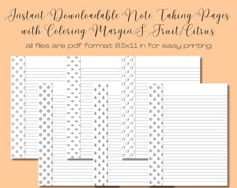 6 Unique Downloadable Citrus Fruit Note Taking Pages Featuring Coloring Page Margins- Putter Pages, Downloadable Note taking paper