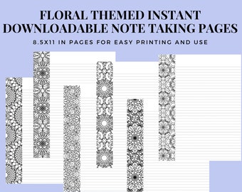 6 Unique Downloadable Note Taking Pages Featuring Floral Coloring Page Margins- Instant download, Putter Pages, Note taking paper