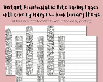 6 Unique Downloadable Books Note Taking Pages Featuring Coloring Page Margins-Instant download, Putter Pages, Downloadable Note taking paper