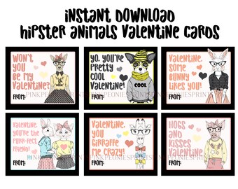 Hipster Animals Instant Download Printable Valentines Day Cards, Kids Valentine Cards, Giraffe, Dog, Bunny, Cat, Deer