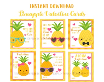 Pineapple Instant Download Printable Valentines Day Cards, Kids Valentine Cards, Island, Hawaii, Kawaii,  Easy School Cards, You Print