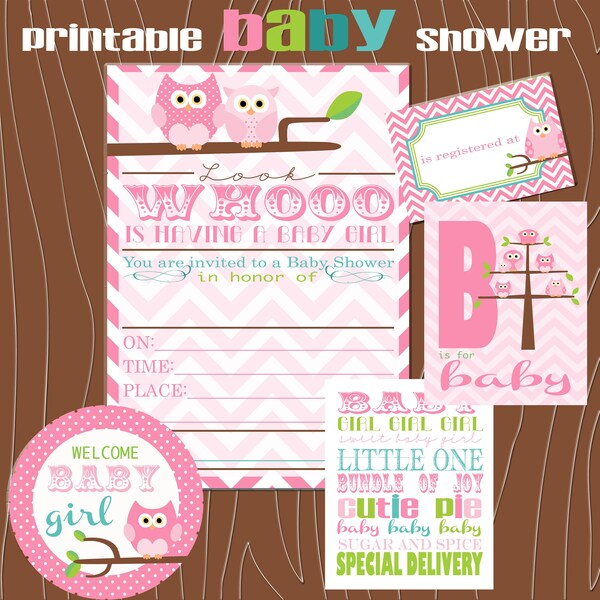 Pink Owl Baby Shower Party Kit, Birthday Party Invitation, Instant Download, Birthday Party, Its a Girl, Pink Baby shower, Owl baby shower