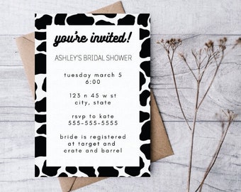 Cow Print Bridal Shower Invite Invite- Canva Template, Self Edit Template, Easy to Edit, Digital Invitation, Cowgirl, Cowboy