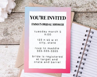 Pink to Blue Gradient Bridal Shower Invite Invite- Canva Template, Self Edit Template, Easy to Edit, Digital Invitation