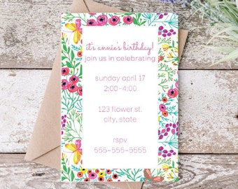 Bright, Colorful Floral Outline Birthday Party Invite- Canva Template, Self Edit Template, Easy to Edit, Digital Invitation