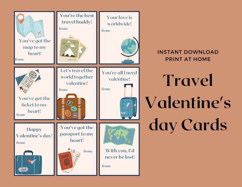 Travel Instant Download Printable Valentines Day Cards, Kids Valentine Cards, Travel, World, Passport, Map, Easy School Cards, You Print image 1