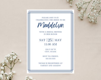 Elegant Navy Border Bridal Shower Invite- Canva Template, Self Edit Template, Easy to Edit, Digital Invitation