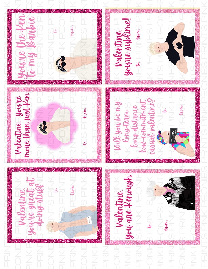 Pink Movie Ken Instant Download Printable Valentines Day Cards, Kids Valentine Cards, Easy School Cards, You Print, Pink Glitter image 2