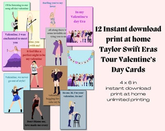 12 Taylor Swift Eras Tour Instant Download Printable Valentines Day Cards, Kids Valentine Cards, Easy School Cards, You Print, Eras, 4 X 6in