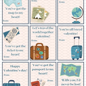 Travel Instant Download Printable Valentines Day Cards, Kids Valentine Cards, Travel, World, Passport, Map, Easy School Cards, You Print image 2