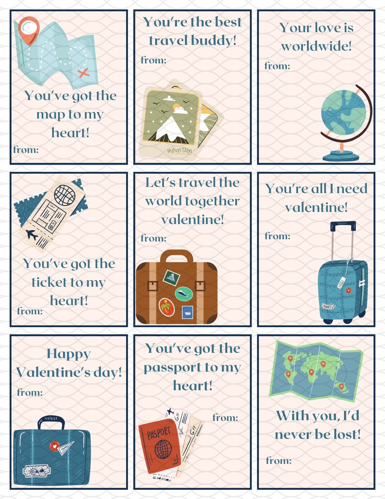 Travel Instant Download Printable Valentines Day Cards, Kids Valentine Cards, Travel, World, Passport, Map, Easy School Cards, You Print image 2