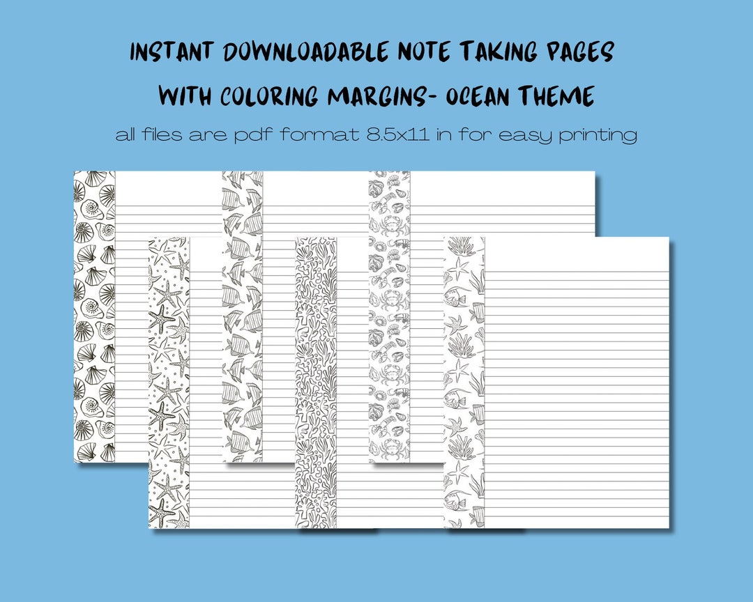 6 Unique Downloadable Ocean Note Taking Pages Featuring Coloring Page ...