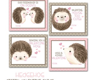 Hedgehog Instant Download Printable Valentines Day Cards, Kids Valentine Cards, cute animals, Easy School Cards, You Print