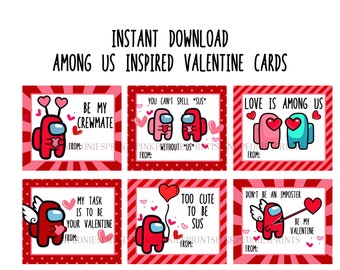 Among Us Valentine Cards, Instant Download Printable Kids Valentine Cards, You Print at home, gaming, sus, games