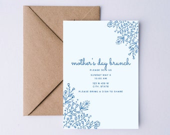 Light Blue Floral Mother's Day Brunch Invite- Canva Template, Self Edit Template, Easy to Edit, Digital Invitation
