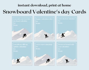 Snowboard Instant Download Printable Valentines Day Cards, Kids Valentine Cards, Ski Resort, Mountain, Winter,  Easy School Cards, You Print