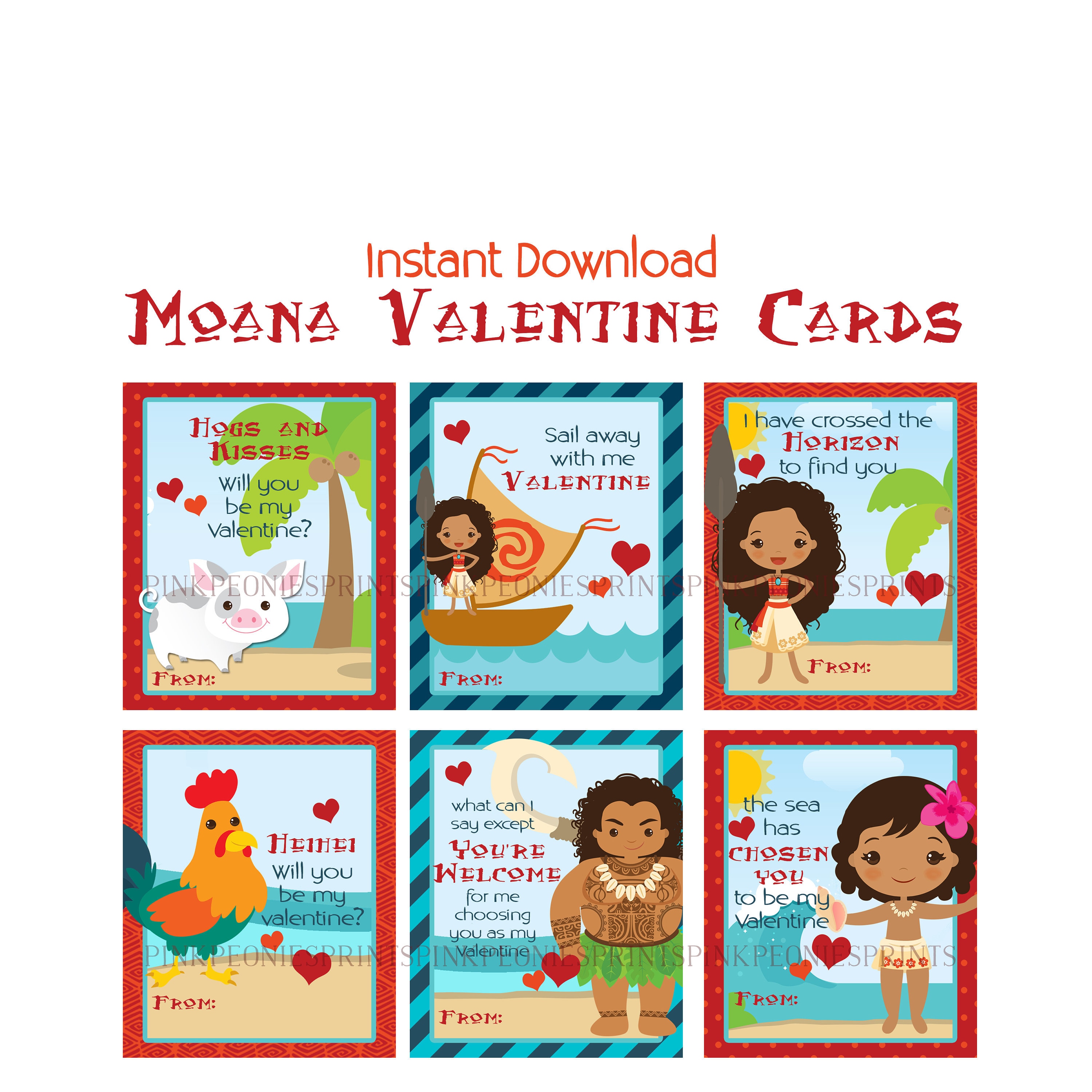 Moana Instant Download Printable Valentines Day Cards, Kids Valentine ...