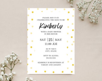 Gold Star Baby Shower Invite- Canva Template, Self Edit Template, Easy to Edit, Digital Invitation, Bridal Shower, Baby Shower, Printable