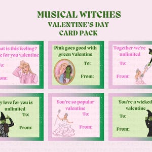 Musical, Hexen, Elphaba, Glinda, rosa, grün Sofortiger Download druckbare Valentinstagskarten, Valentinstagskarten für Kinder, einfach Schulkarten