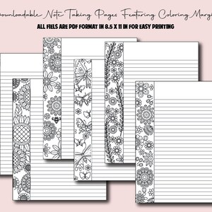 6 Unique Downloadable Note Taking Pages Featuring Coloring Page Margins- Instant download, Putter Pages, Downloadable Note taking paper