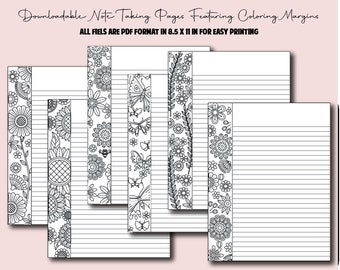 6 páginas únicas para tomar notas descargables con márgenes de páginas para colorear: descarga instantánea, páginas de putter, papel para tomar notas descargables
