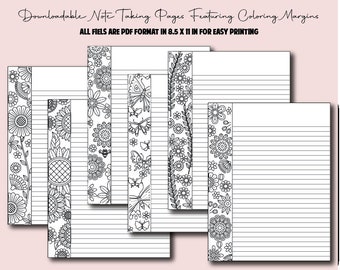 6 Unique Downloadable Note Taking Pages Featuring Coloring Page Margins- Instant download, Putter Pages, Downloadable Note taking paper