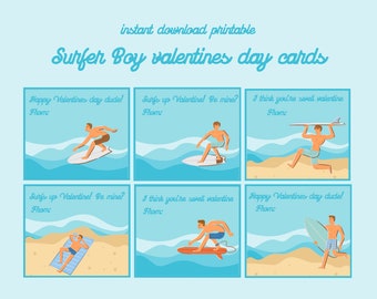 Surfer Boy, Beach, Waves Instant Download Printable Valentines Day Cards, Kids Valentine Cards, Easy School Cards, You Print