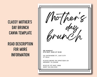 Elegant, Classy, Black and White Mother's Day Brunch Invite- Canva Template, Self Edit Template, Easy to Edit, Digital Invitation