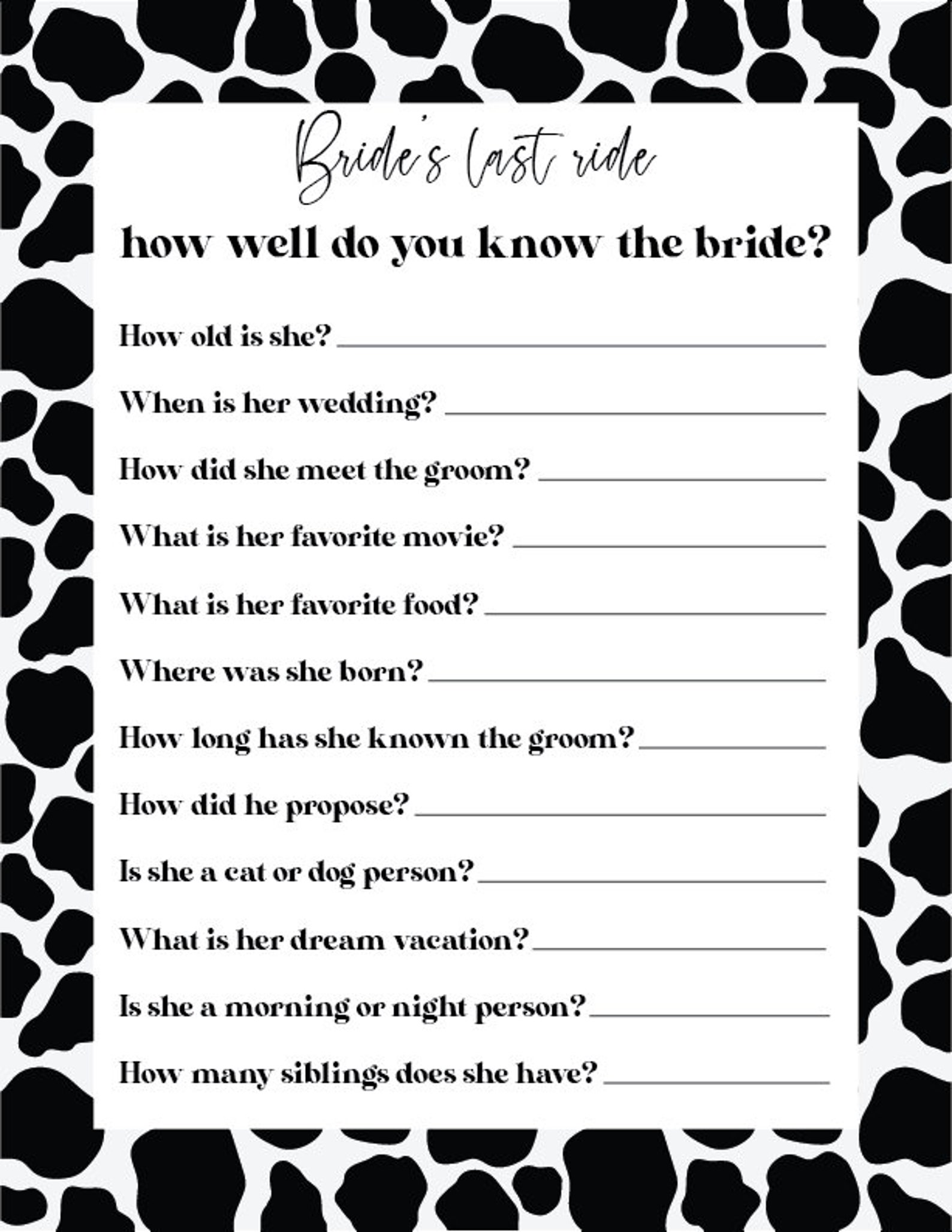 Cow Print Bridal Shower Games Instant Download Ready to - Etsy