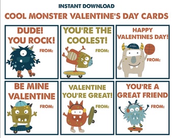 Cool Skater Monster Instant Download Printable Valentines Day Cards, Kids Valentine Cards, Easy School Cards, You Print