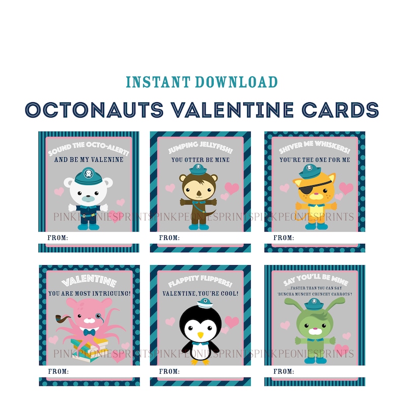 Octonauts Instant Download Printable Valentines Day Cards, Kids Valentine Cards, Ocean Animals, Easy School Cards, You Print image 1