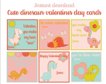 Cute Girly Pink Dinosaur Instant Download Printable Valentines Day Cards, Kids Valentine Cards, Easy School Cards, You Print