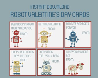 Robot Instant Download Printable Valentines Day Cards, Kids Valentine Cards, Easy School Cards, You Print