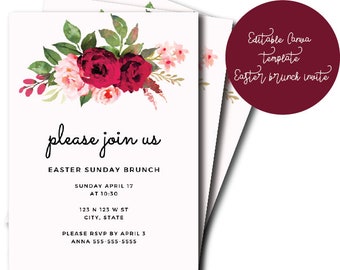 Pink Floral Easter Sunday Brunch Invite- Canva Template, Self Edit Template, Easy to Edit, Digital Invitation