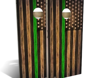 Cornhole Boards: Charred American Flag Design - Green Line, Portable Set