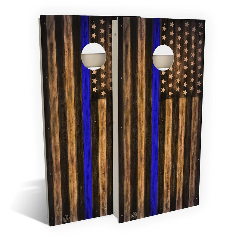 Charred American Flag Thin Blue Line Cornhole Boards - Outdoor Lawn Game - Perfect for Tailgating, Backyard Parties, Gifts - Includes 8 Bags 