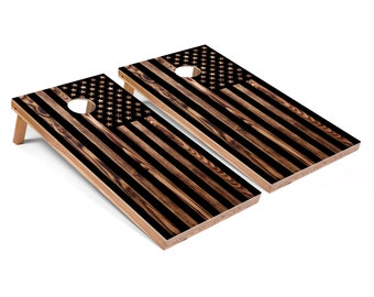 American Flag Cornhole Boards - Woodgrain Design with Matching Bags