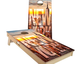 Cornhole Boards: New York Cityscape Outdoor Game (Custom Bag Colors)