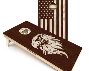 Cornhole Boards: Wood Eagle & Flag Design (Regulation Size, Folding Legs)