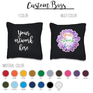 this photo outlines the different cornhole bag colors that can be selected with the custom designed cornhole set. We offer professional cornhole bags that come in sets of 4 or 8. You can even customize your own.