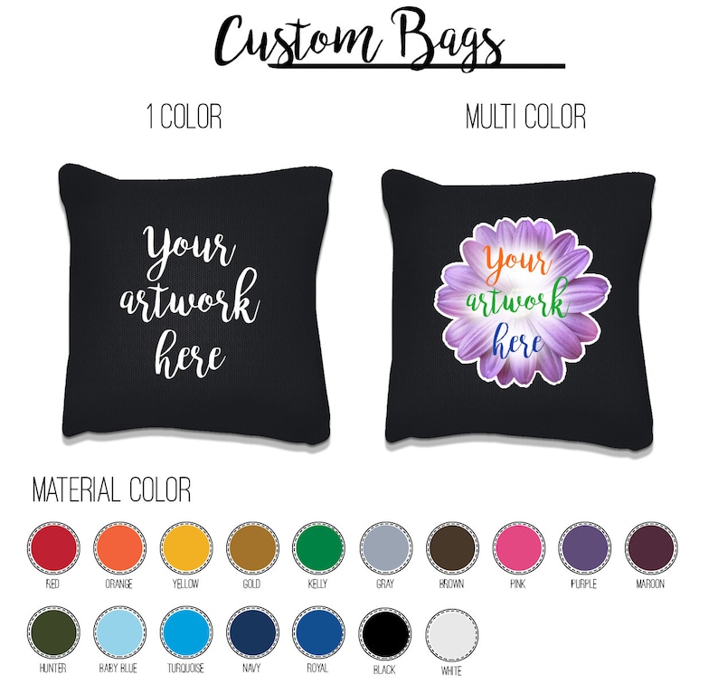 this photo outlines the different cornhole bag colors that can be selected with the custom designed cornhole set. We offer professional cornhole bags that come in sets of 4 or 8. You can even customize your own.
